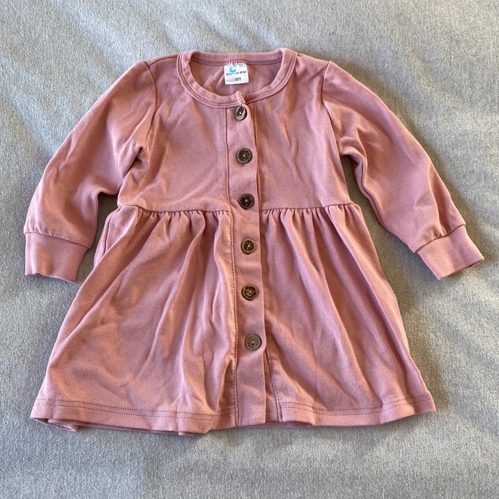Little One Shop Blush Pink Long-Sleeve Button Down Cotton Dress